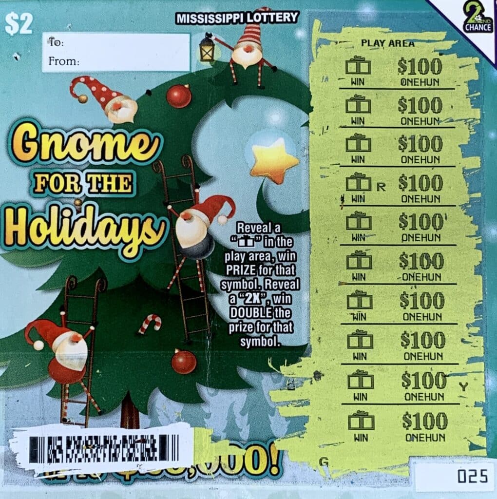 A Lucedale woman won $1,000 on a Gnome for the Holidays scratch-off game purchased from Jerry Lee’s Grocery #4 on Hwy. 90, Gautier.