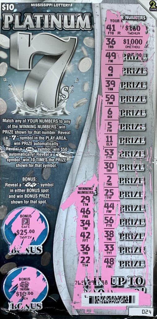 A Columbia man won $1,000 on a Platinum 7s scratch-off game purchased from Fleetway #183 on Hwy. 98, Columbia.