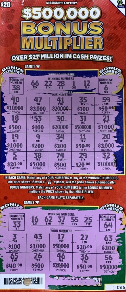 An Olive Branch man won $10,000 on a $500,000 Bonus Multiplier scratch-off game purchased from Mough Inn LLC on Hwy. 305, Olive Branch.