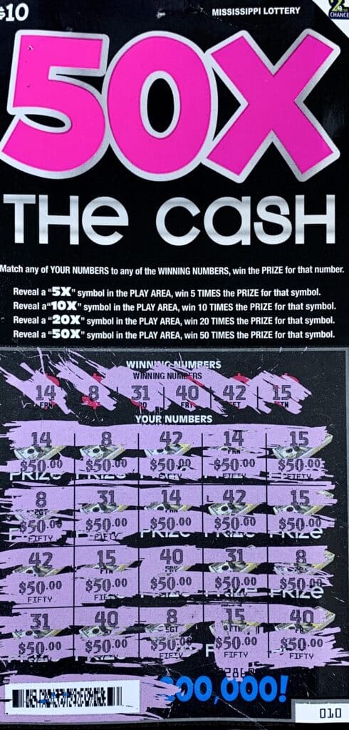 A Meridian man won $1,000 on a 50x the Cash scratch-off game purchased from Texaco Food Mart #7 on Hwy. 39, Meridian.