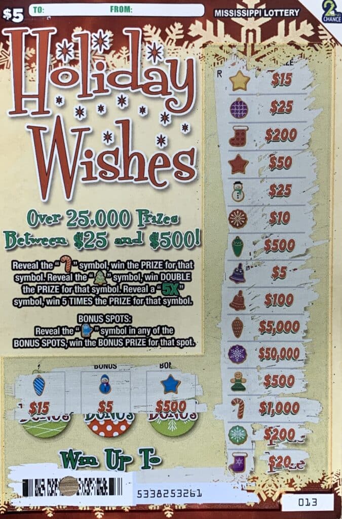 A Jackson woman won $1,000 on a $5 Holiday Wishes scratch-off game purchased from Murphy Oil USA #7767 on Greenway Dr., Jackson.