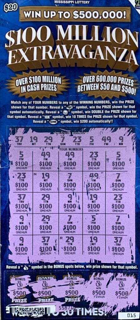 An Etta player won $5,000 on a $20 $100 Million Extravaganza scratch-off game purchased from Tony’s Quick Mart LLC on W. Bankhead St., New Albany.