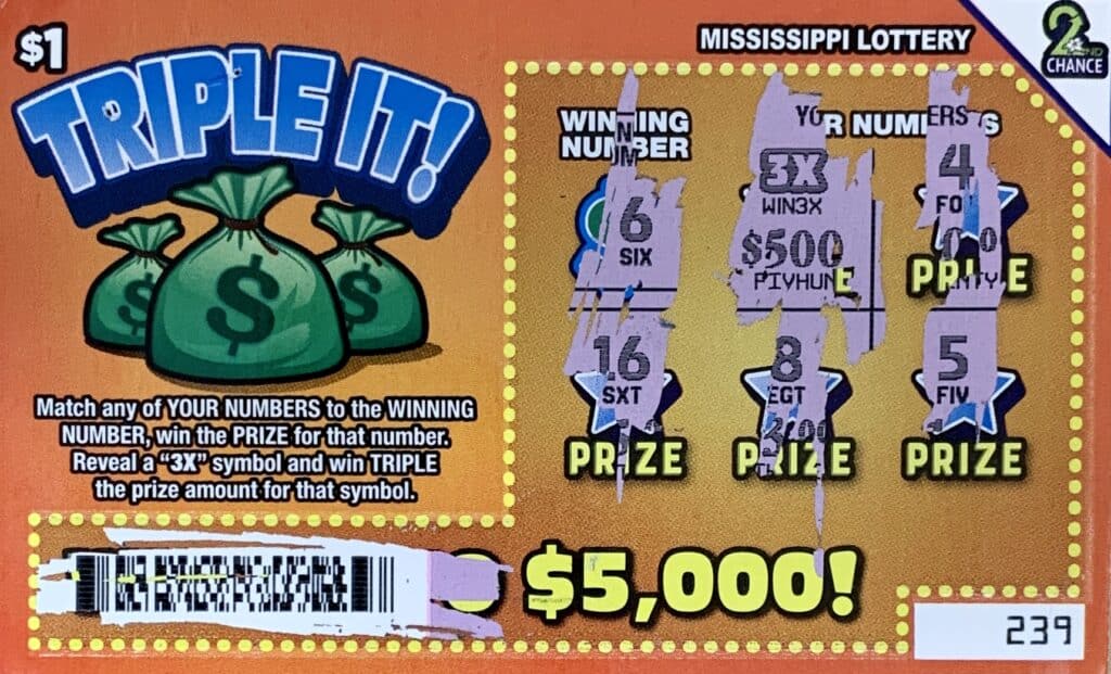 A Greenwood player won $1,500 on a $1 Triple It scratch-off game purchased from The Stoggie Shop on Hwy. 82 W., Greenwood.