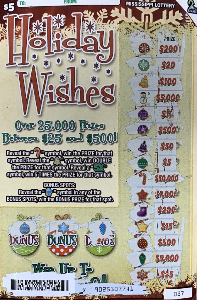 A Sumrall player won $50,000 on a $5 Holiday Wishes scratch-off game purchased from Fast Mart 33 on Hwy. 42, Sumrall.