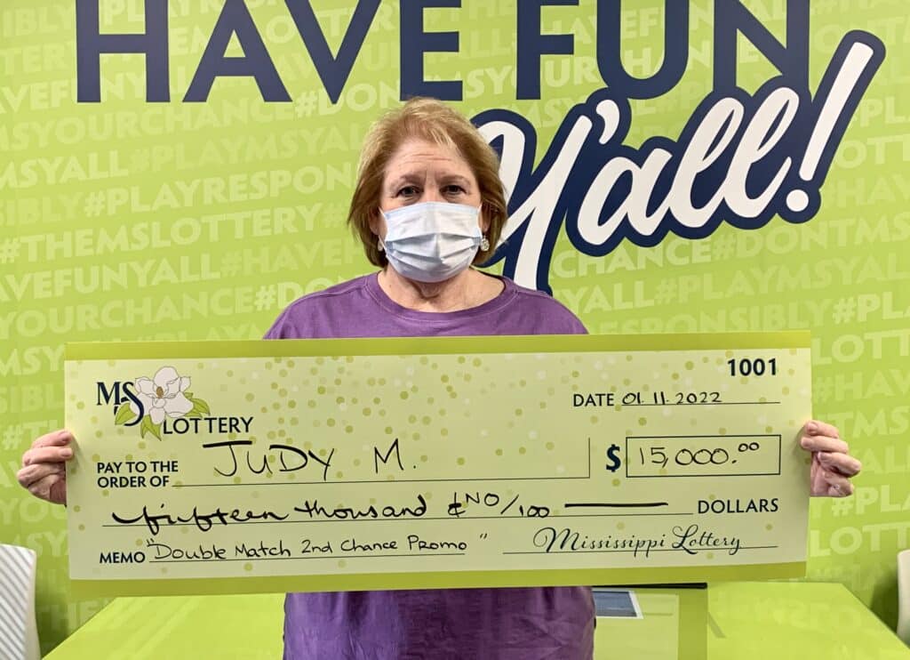 Judy M. of Sardis won $15,000 on a 2nd Chance promotional drawing for the $2 Double Match scratch-off game. She purchased her ticket from Kroger #473 on University Ave., Oxford.