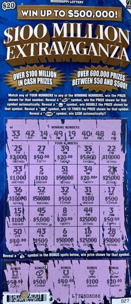 A Starkville woman won $1,000 on a $20 $100 Million Extravaganza scratch-off game purchased from Sprint Mart #4128 on S. Jackson St., Starkville.