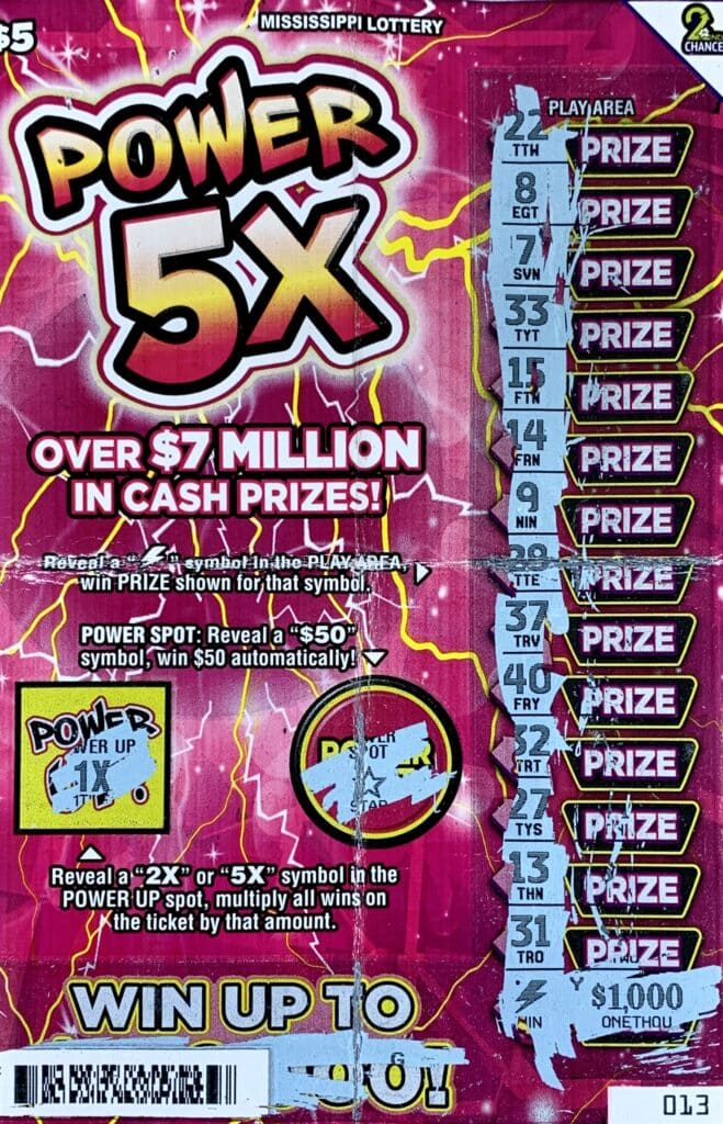 An Ocean Springs man won $1,000 on a $5 Power 5X scratch-off game purchased from A & M Food Mart on Denny Ave., Pascagoula.