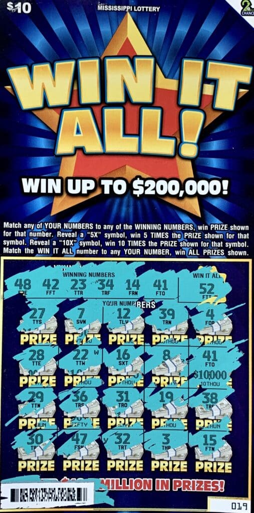 A Brookhaven man won $10,000 on a $10 Win It All scratch-off game purchased from New Vision Pearson Road Chevron Gas on S. Pearson Rd., Pearl.