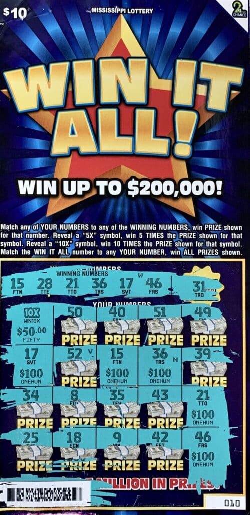 A Baldwyn man won $1,000 on a $10 Win It All scratch-off game purchased from Baldwyn Discount Tobacco on S. 4th St., Baldwyn.